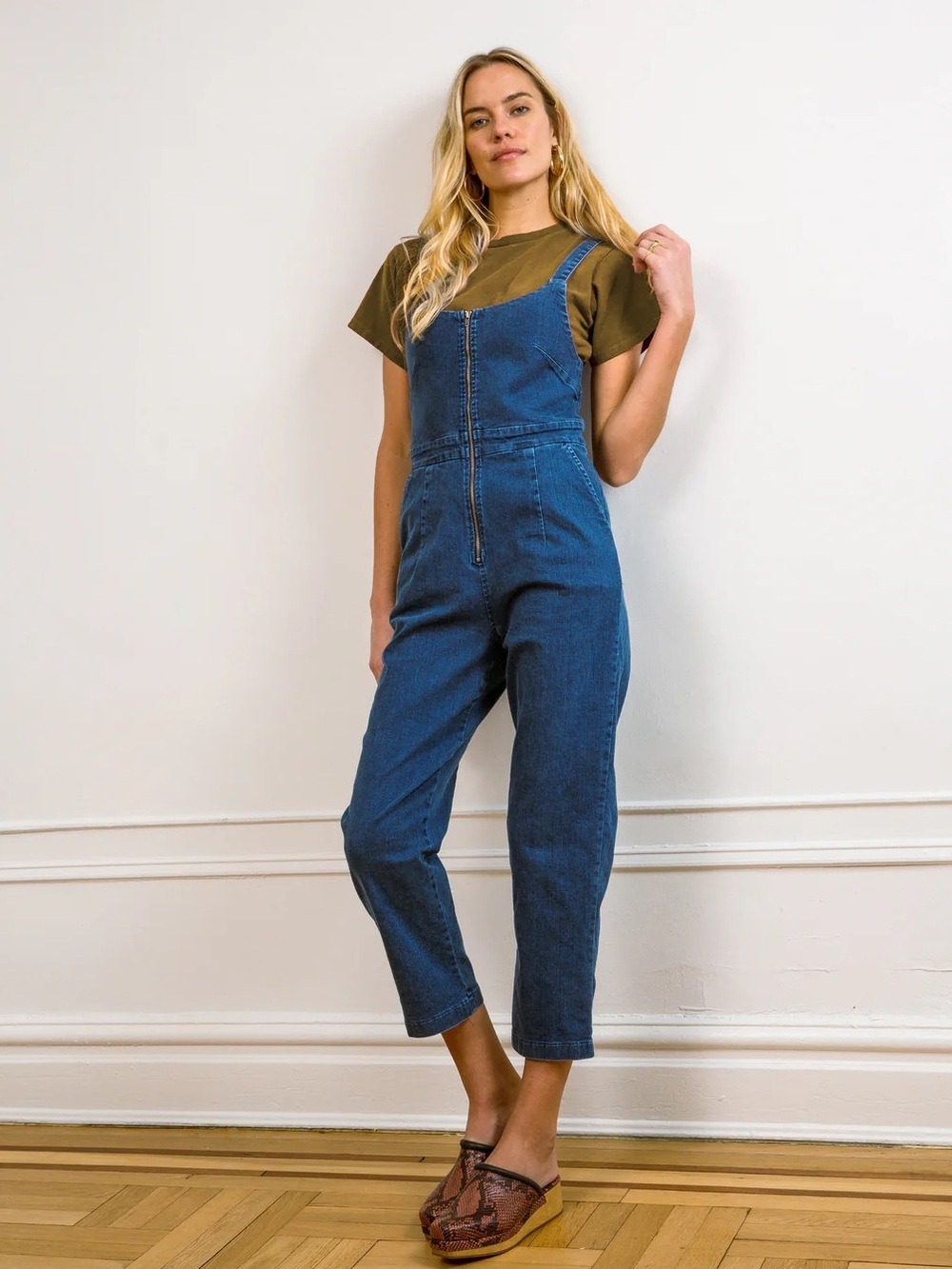 Loup Claudia Zip Front Cropped Denim Jumpsuit in Indigo Blue